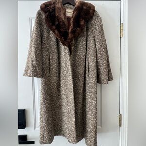 Brown Tweed Coat with Faux Fur Collar